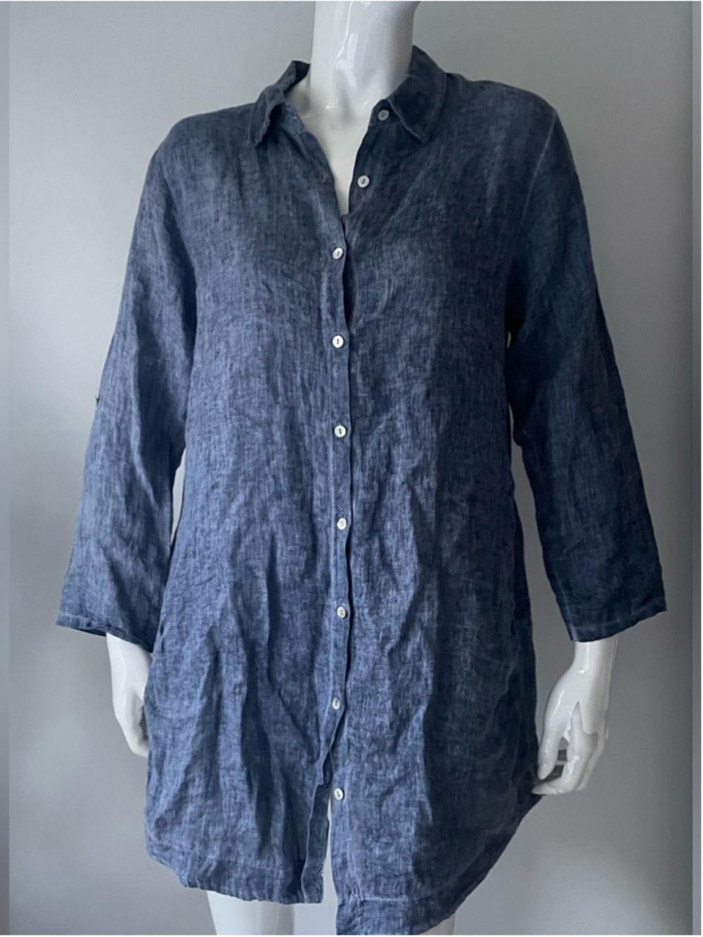 Eye of the Needle Blue Linen Button Front Tunic Shirt Dress Coastal Minimalist - Picture 4 of 8